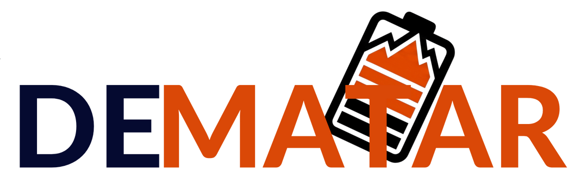 The logo for DEMATAR, featuring the brand name in navy blue and orange lettering with a stylized orange battery icon, set against a solid white background.